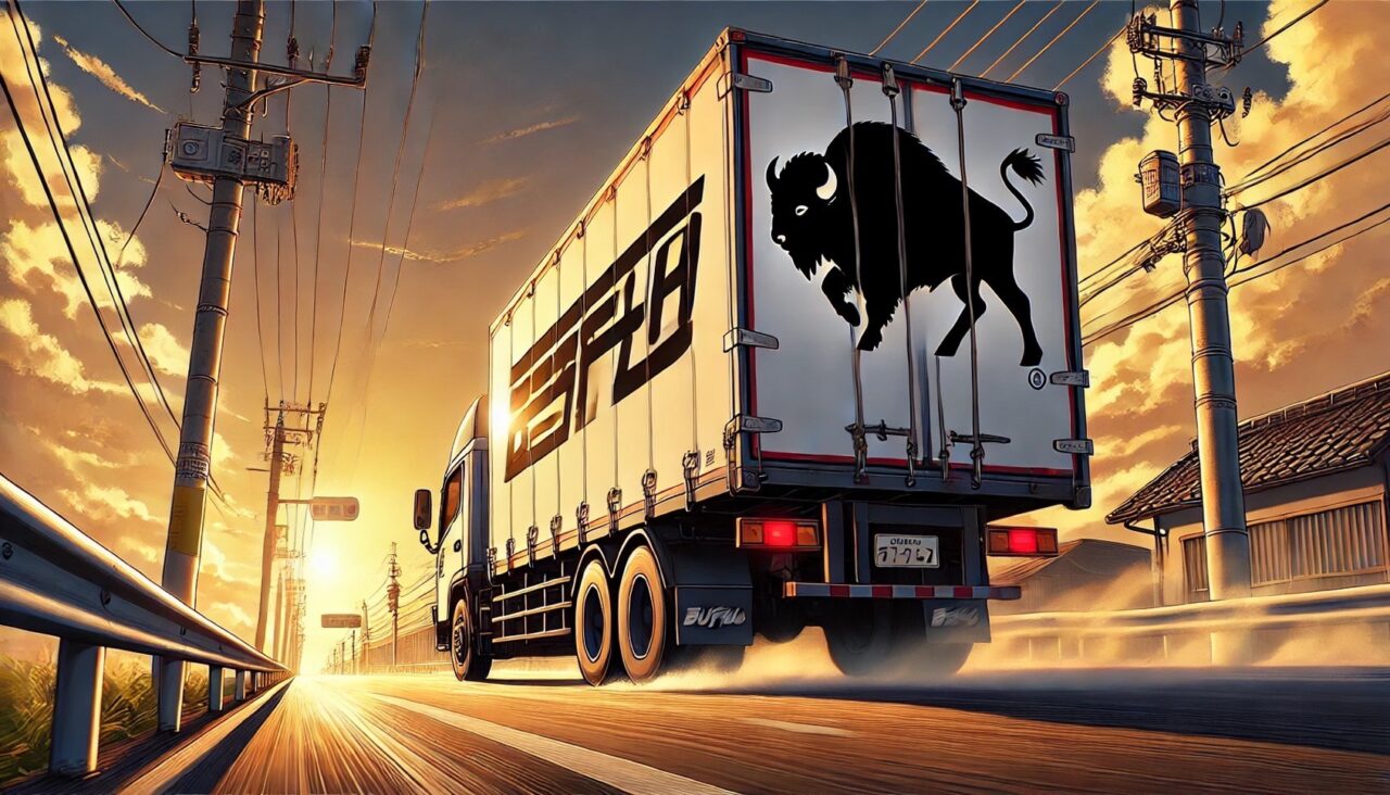 ロゴを掲げたトラックが夕方の道路を走行する姿